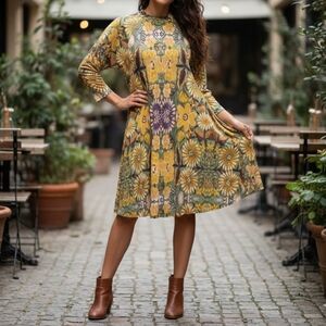 Free People Floral Mock Neck Mini Dress Green Yellow Boho M